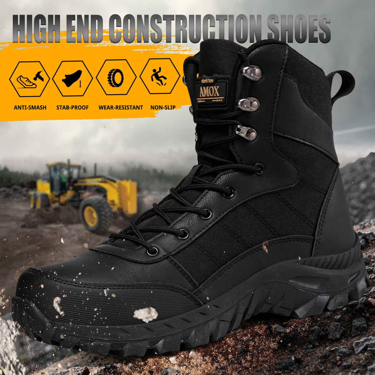 AMOX Men's Steel Toe Work Boots 8 inch Lightweight Comfortable Indestructible Puncture Proof for Industrial Construction Warehouse Roofing Logger Riding Safety