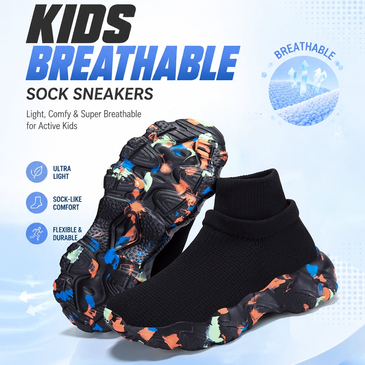 CZV Kids Black Double-Sided High Ankle Slip-On Knit Sneakers, Breathable Non-Slip Cushioned Shoes for Toddler/Little/Big Kid Indoor & Outdoor Use