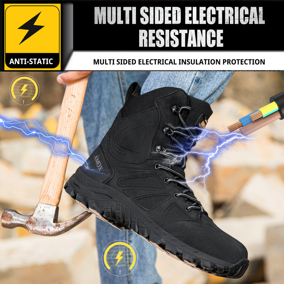 AMOX Steel Toe Boots for Men Comfortable Lightweight Work Boots for Men Slip Resistant High Top Steel Toe Safety Shoes Puncture Resistant Midsole for Construction Warehouse Work