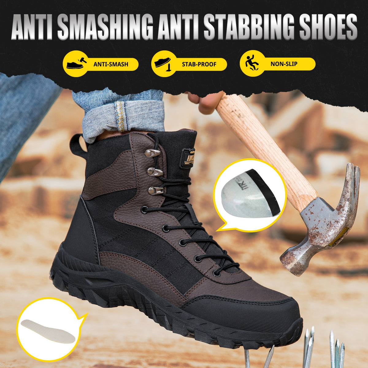 AMOX Men's Steel Toe Work Boots 8 inch Lightweight Comfortable Indestructible Puncture Proof for Industrial Construction Warehouse Roofing Logger Riding Safety