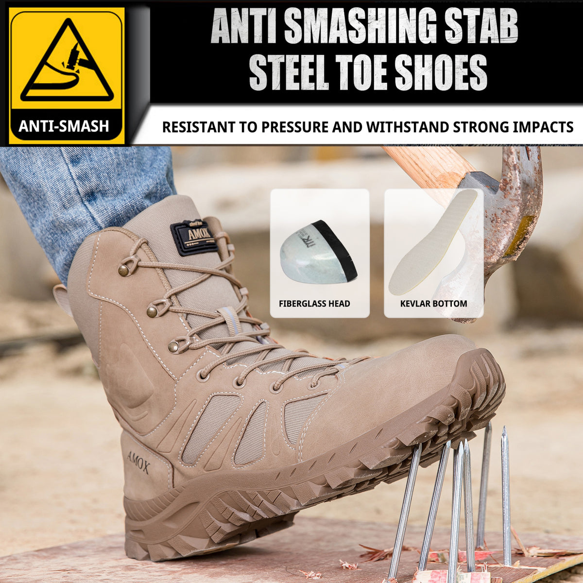 AMOX Steel Toe Boots for Men Comfortable Lightweight Work Boots for Men Slip Resistant High Top Steel Toe Safety Shoes Puncture Resistant Midsole for Construction Warehouse Work