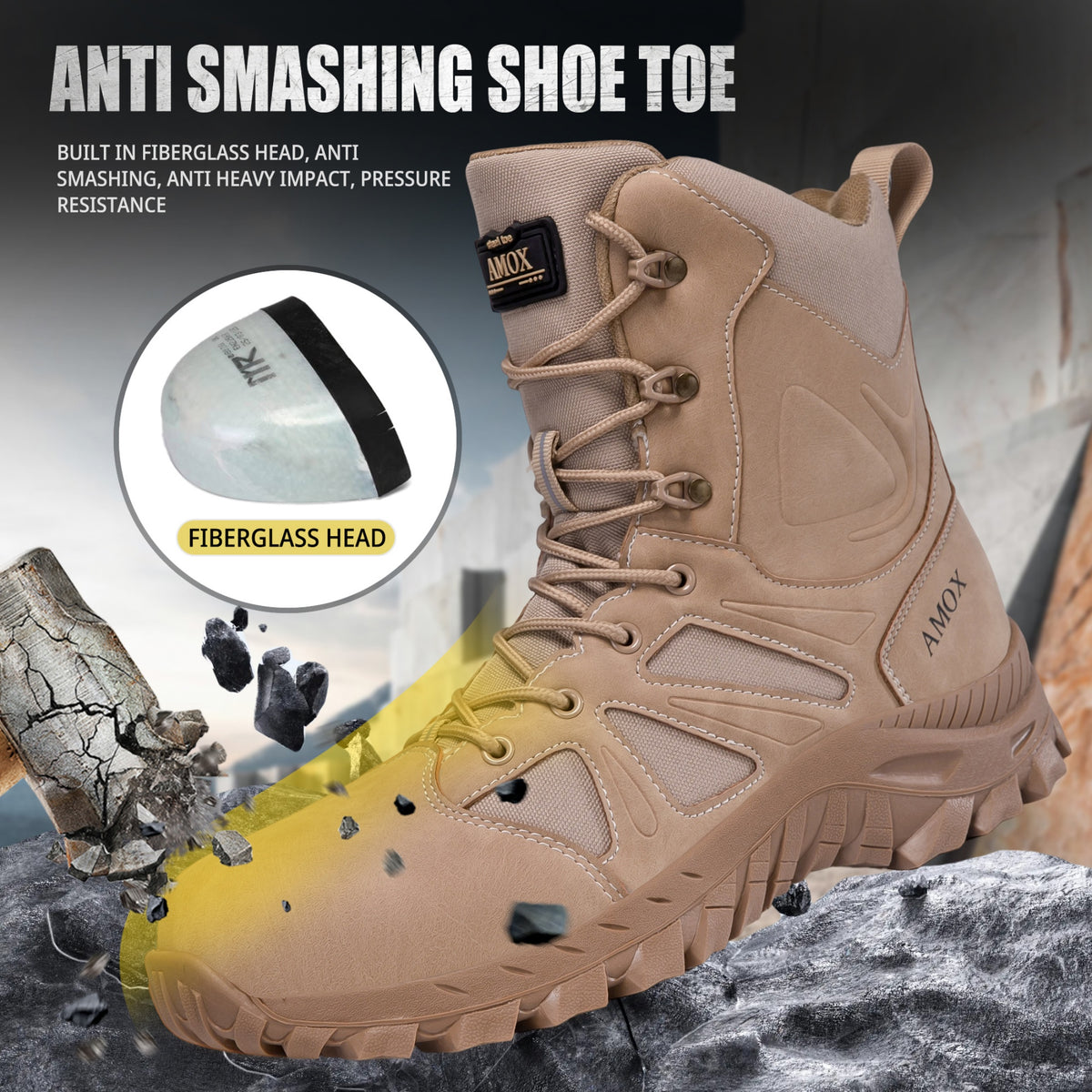 AMOX Steel Toe Boots for Men Comfortable Lightweight Work Boots for Men Slip Resistant High Top Steel Toe Safety Shoes Puncture Resistant Midsole for Construction Warehouse Work