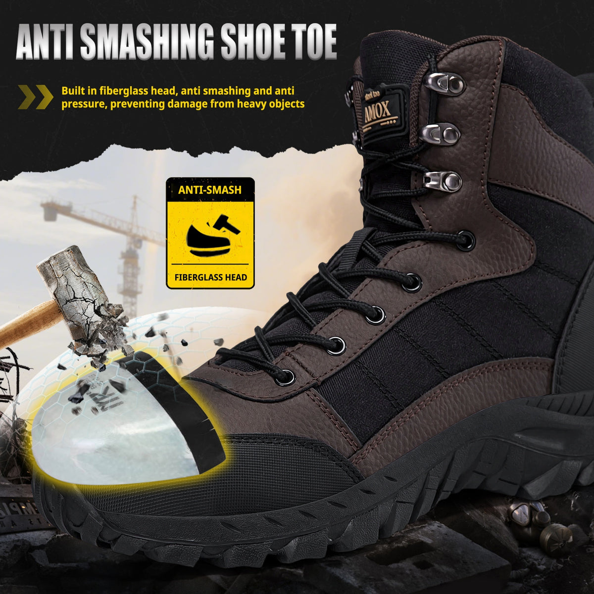 AMOX Men's Steel Toe Work Boots 8 inch Lightweight Comfortable Indestructible Puncture Proof for Industrial Construction Warehouse Roofing Logger Riding Safety