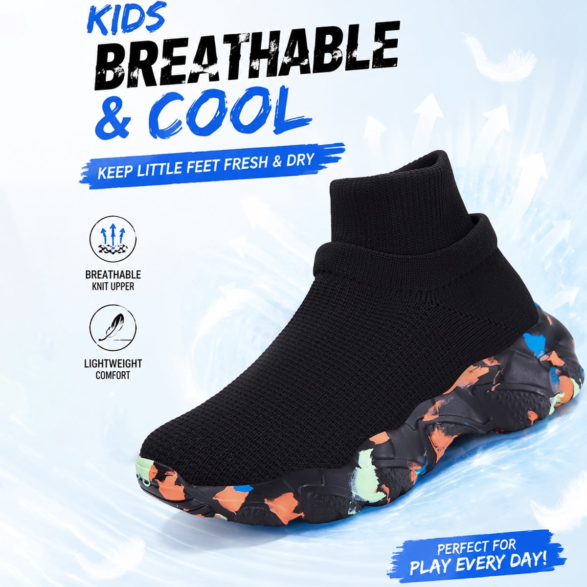 CZV Kids Black Double-Sided High Ankle Slip-On Knit Sneakers, Breathable Non-Slip Cushioned Shoes for Toddler/Little/Big Kid Indoor & Outdoor Use