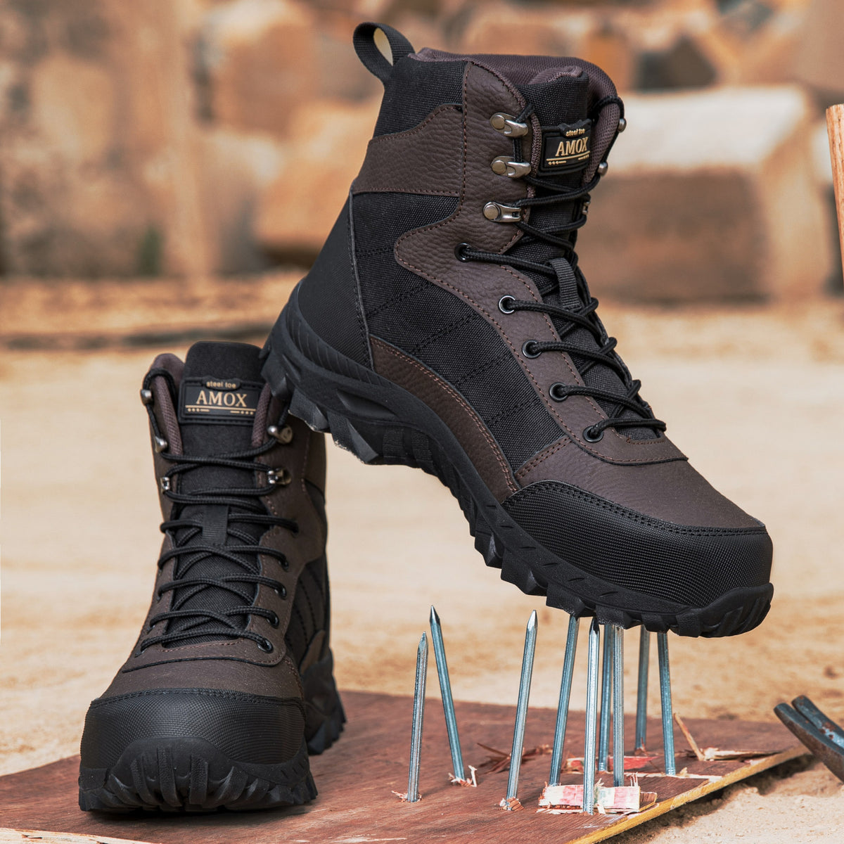AMOX Men's Steel Toe Work Boots 8 inch Lightweight Comfortable Indestructible Puncture Proof for Industrial Construction Warehouse Roofing Logger Riding Safety