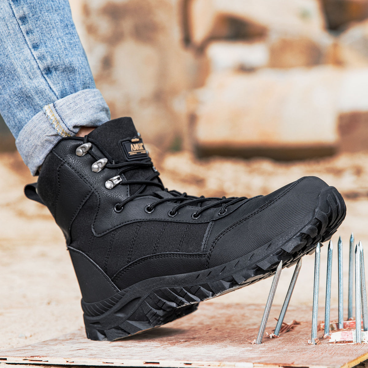 AMOX Men's Steel Toe Work Boots 8 inch Lightweight Comfortable Indestructible Puncture Proof for Industrial Construction Warehouse Roofing Logger Riding Safety