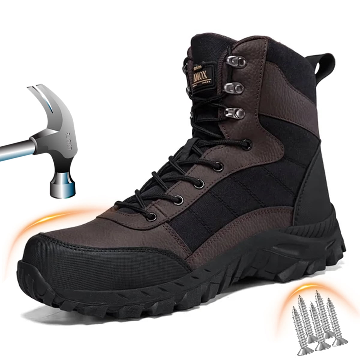 AMOX Men's Steel Toe Work Boots 8 inch Lightweight Comfortable Indestructible Puncture Proof for Industrial Construction Warehouse Roofing Logger Riding Safety