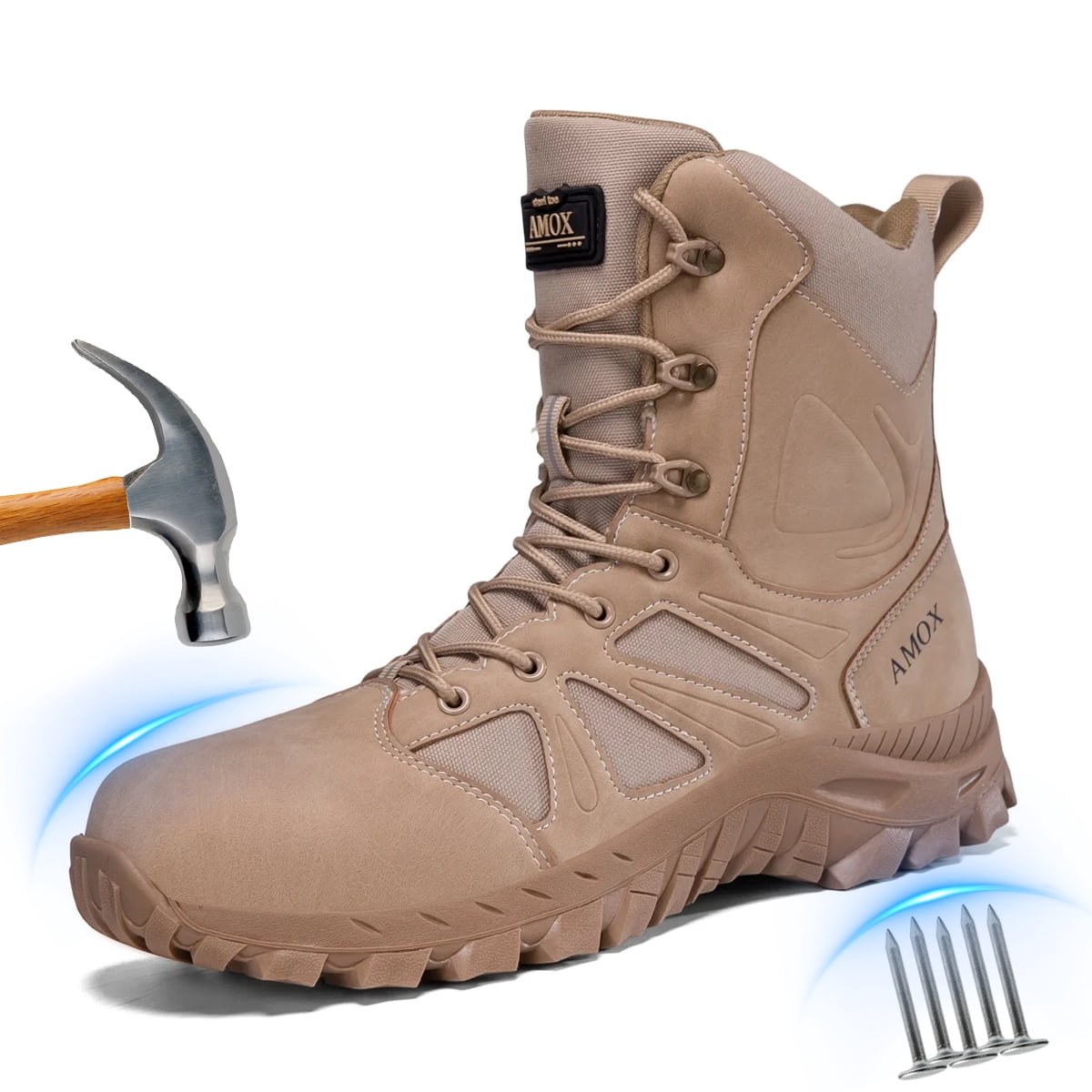 AMOX Steel Toe Boots for Men Comfortable Lightweight Work Boots for Men Slip Resistant High Top Steel Toe Safety Shoes Puncture Resistant Midsole for Construction Warehouse Work