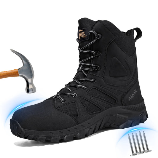 AMOX Steel Toe Boots for Men Comfortable Lightweight Work Boots for Men Slip Resistant High Top Steel Toe Safety Shoes Puncture Resistant Midsole for Construction Warehouse Work