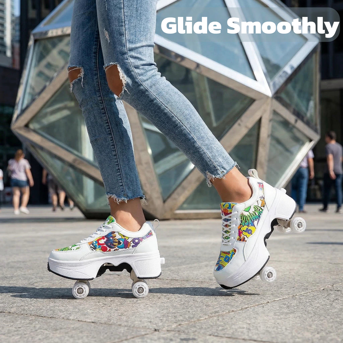 CZV Women's & Teens Graffiti Print Four-Wheel Convertible Roller Skate Shoes,2-in-1 Roller Skates & Sneakers Unisex Retractable Wheels Indoor Outdoor Fun & Fitness Kick Roller Shoes