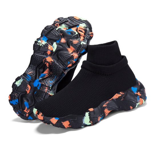 CZV Kids Black Double-Sided High Ankle Slip-On Knit Sneakers, Breathable Non-Slip Cushioned Shoes for Toddler/Little/Big Kid Indoor & Outdoor Use