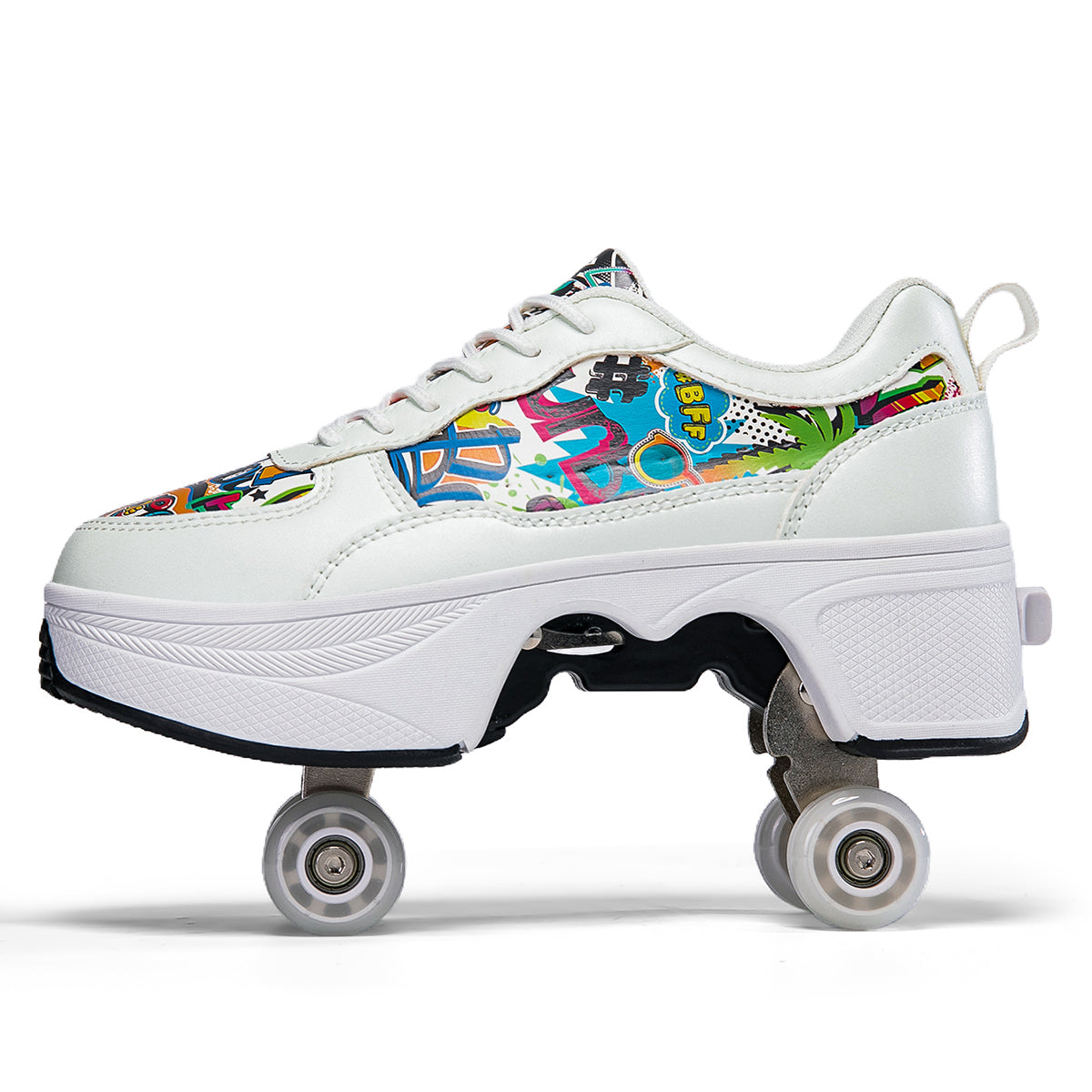 CZV Women's & Teens Graffiti Print Four-Wheel Convertible Roller Skate Shoes,2-in-1 Roller Skates & Sneakers Unisex Retractable Wheels Indoor Outdoor Fun & Fitness Kick Roller Shoes