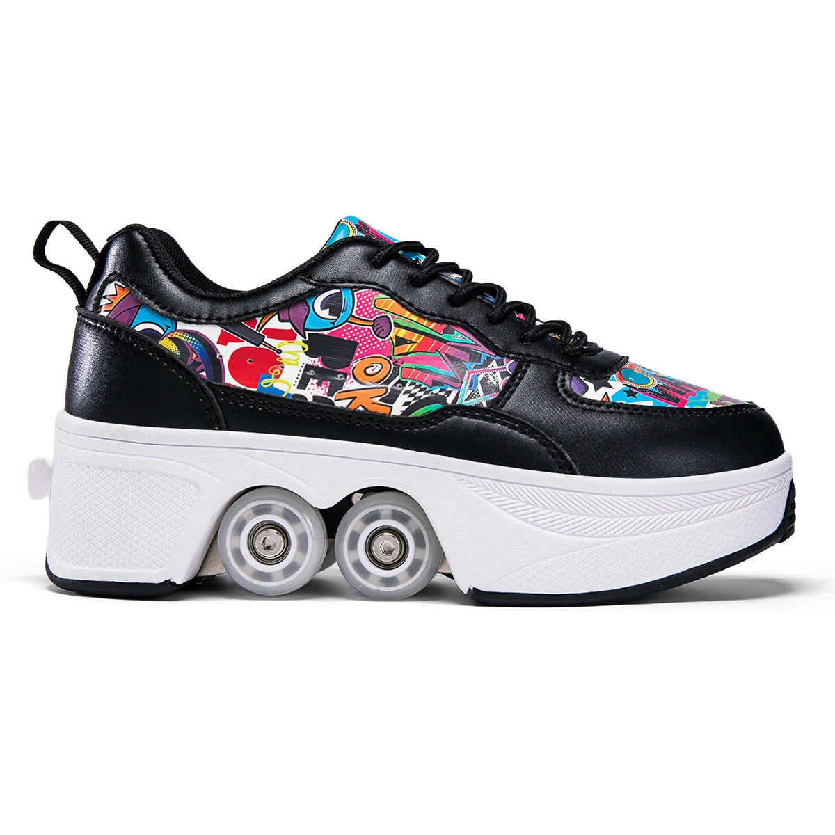CZV Women's & Teens Graffiti Print Four-Wheel Convertible Roller Skate Shoes,2-in-1 Roller Skates & Sneakers Unisex Retractable Wheels Indoor Outdoor Fun & Fitness Kick Roller Shoes