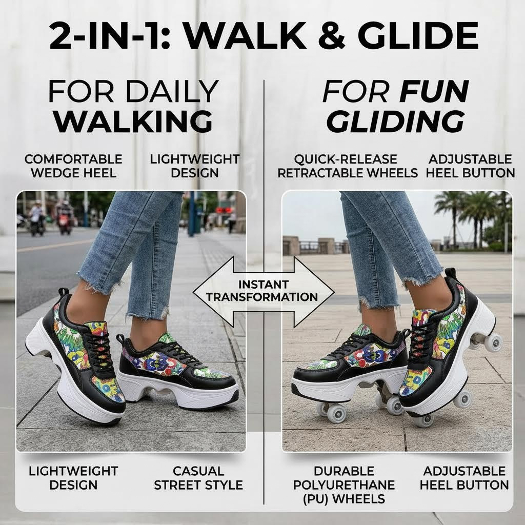 CZV Women's & Teens Graffiti Print Four-Wheel Convertible Roller Skate Shoes,2-in-1 Roller Skates & Sneakers Unisex Retractable Wheels Indoor Outdoor Fun & Fitness Kick Roller Shoes