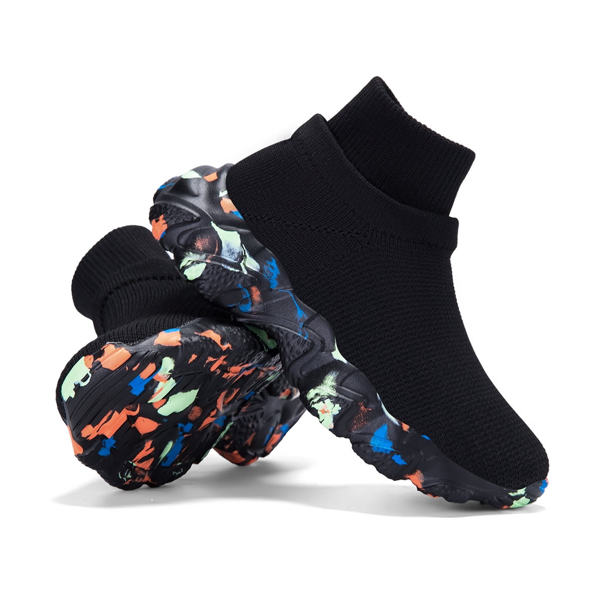CZV Kids Black Double-Sided High Ankle Slip-On Knit Sneakers, Breathable Non-Slip Cushioned Shoes for Toddler/Little/Big Kid Indoor & Outdoor Use